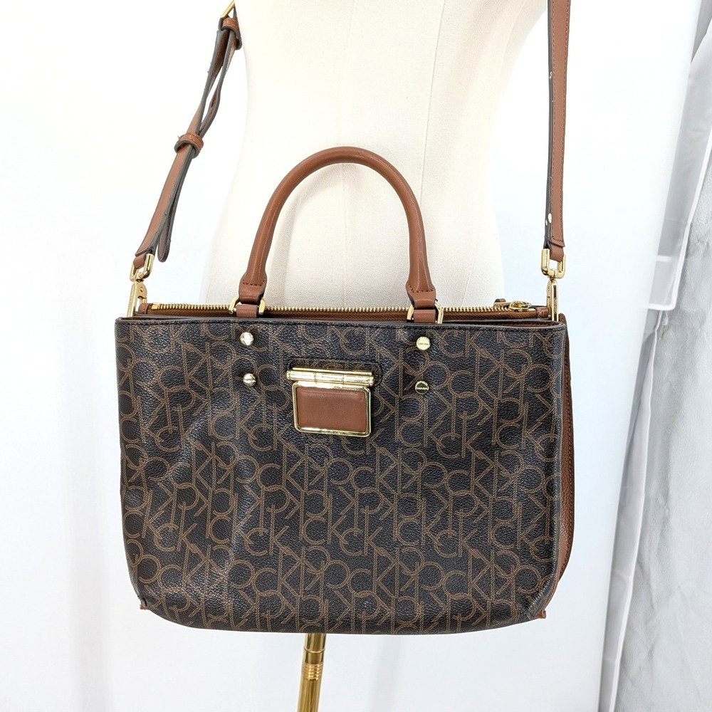 Calvin Klein Monogram Satchel Shoulder Bag Brown Logo‎ Crossbody